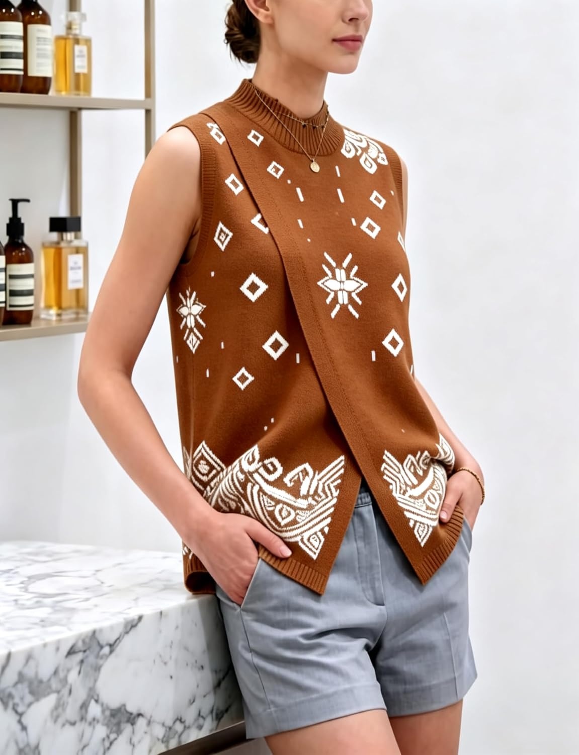 image:imageSpringrain Womens Sweater Vest Side Split Sleeveless Geometric PulloverCaramel