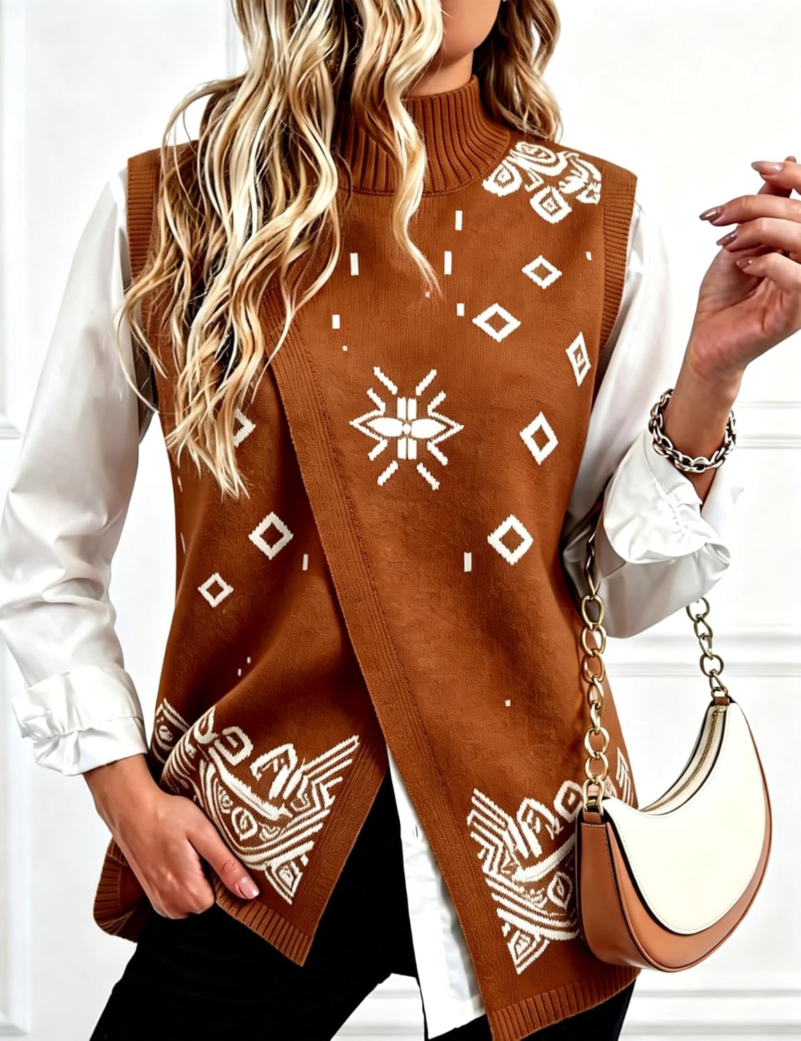 image:imageSpringrain Womens Sweater Vest Side Split Sleeveless Geometric PulloverCaramel