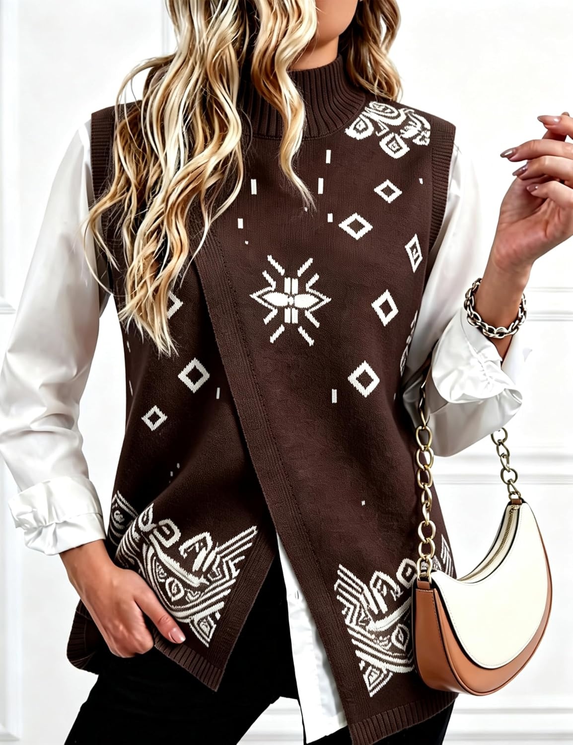 image:imageSpringrain Womens Sweater Vest Side Split Sleeveless Geometric PulloverCoffee
