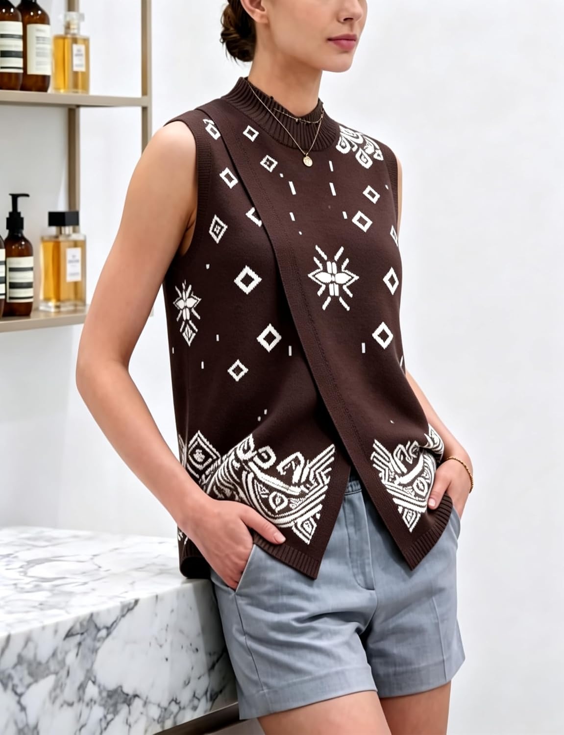 image:imageSpringrain Womens Sweater Vest Side Split Sleeveless Geometric PulloverCoffee