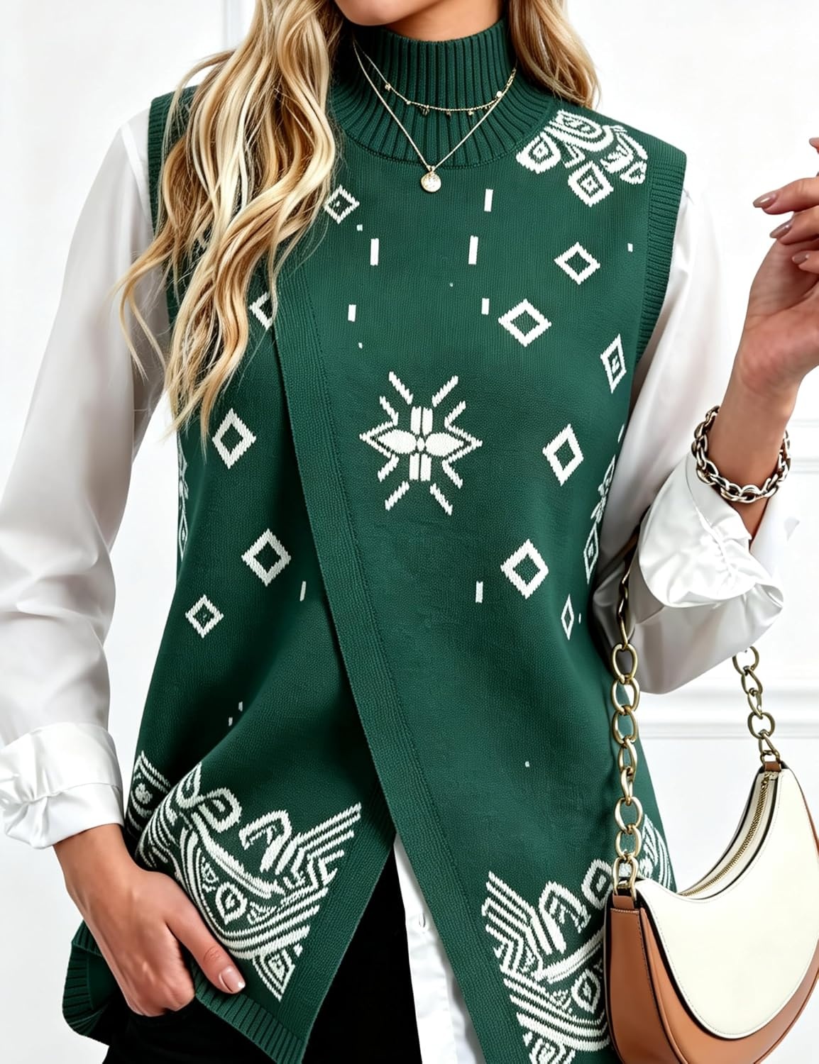 image:imageSpringrain Womens Sweater Vest Side Split Sleeveless Geometric PulloverGreen