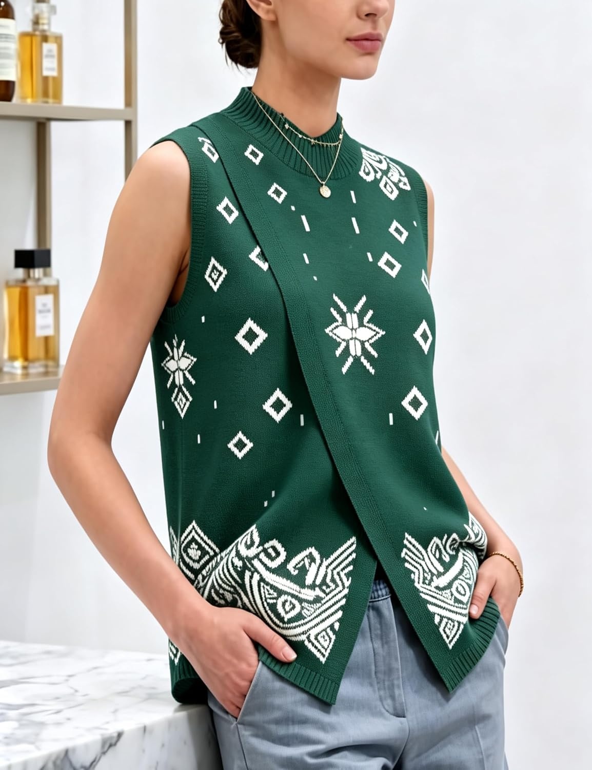 image:imageSpringrain Womens Sweater Vest Side Split Sleeveless Geometric PulloverGreen