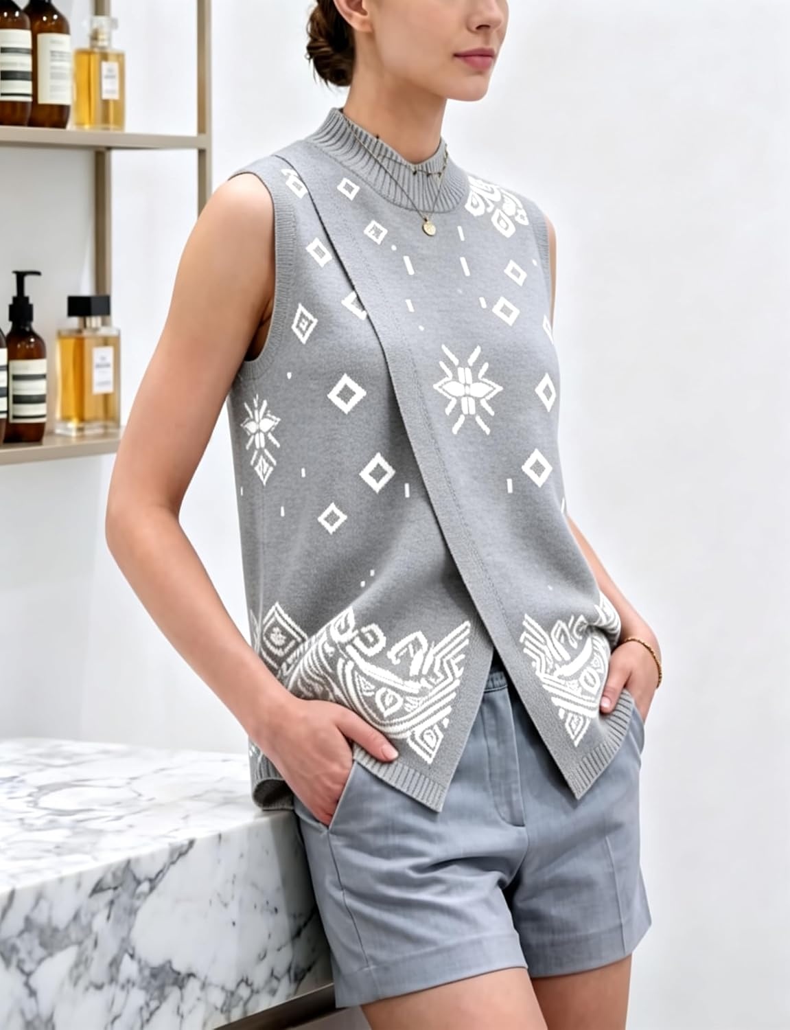 image:imageSpringrain Womens Sweater Vest Side Split Sleeveless Geometric PulloverGrey