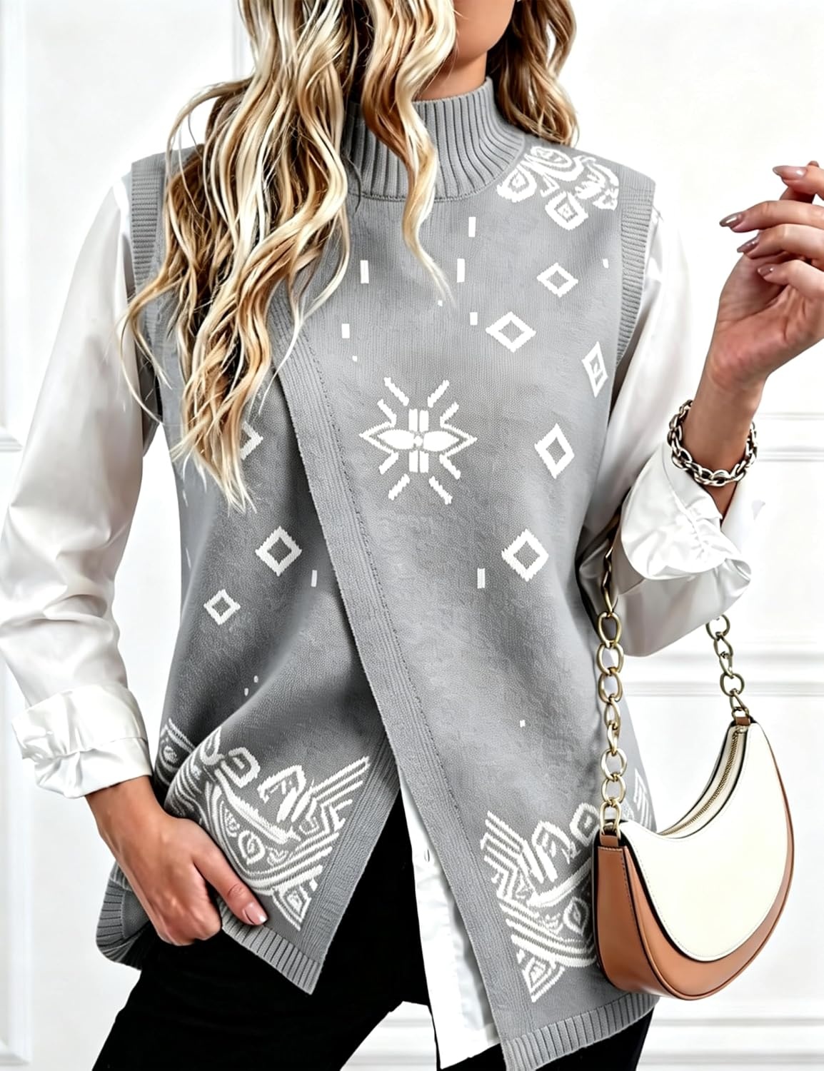 image:imageSpringrain Womens Sweater Vest Side Split Sleeveless Geometric PulloverGrey
