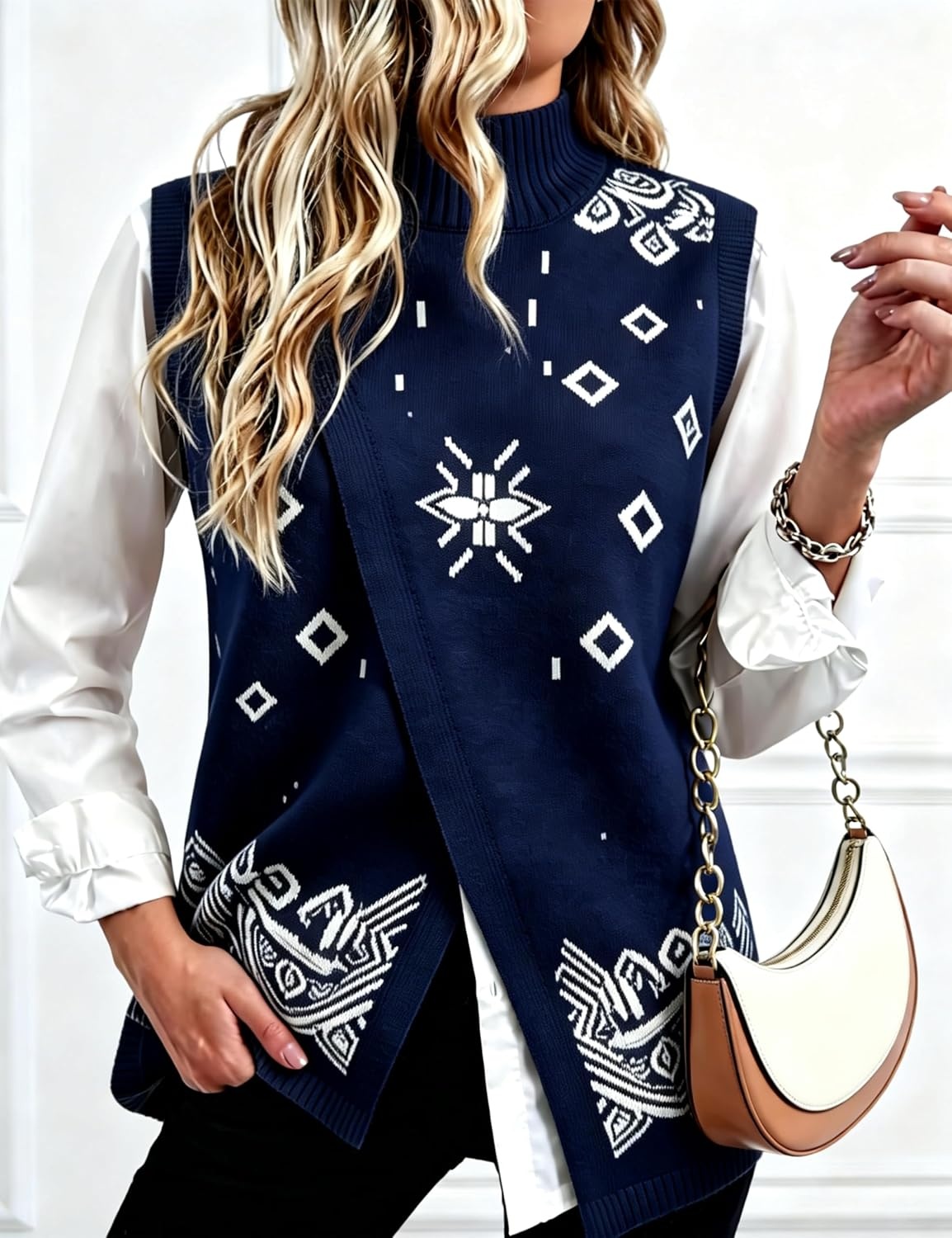 image:imageSpringrain Womens Sweater Vest Side Split Sleeveless Geometric PulloverNavy