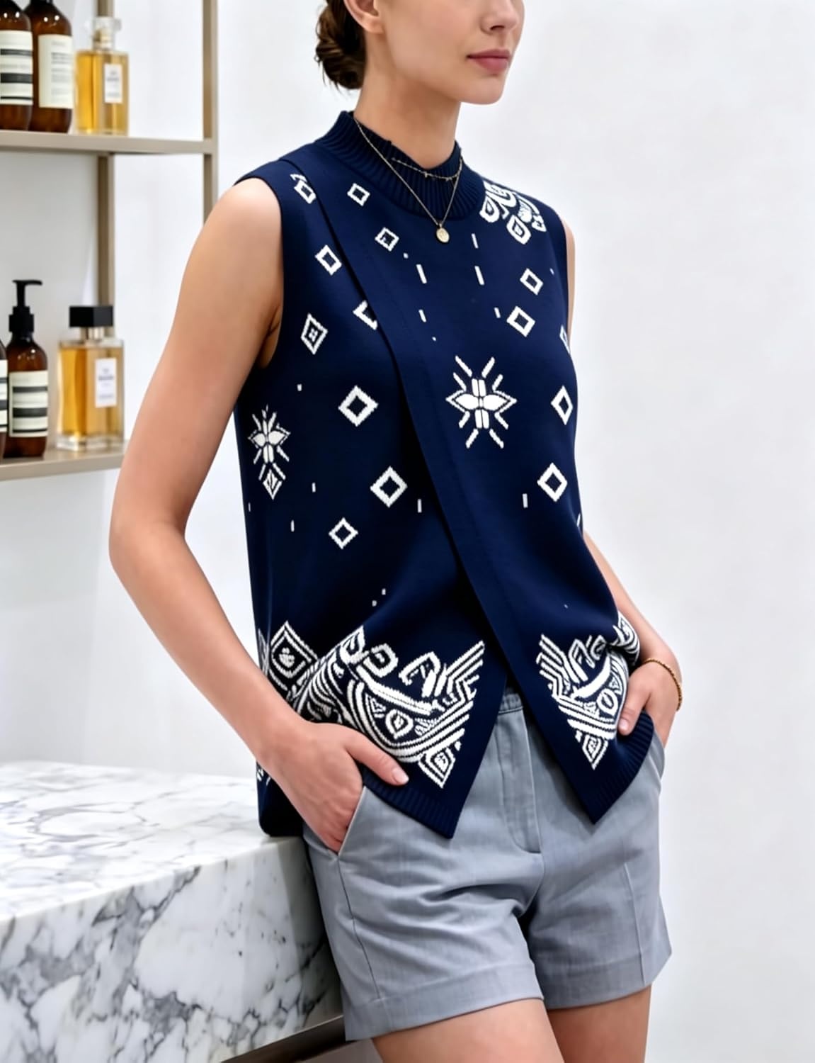 image:imageSpringrain Womens Sweater Vest Side Split Sleeveless Geometric PulloverNavy