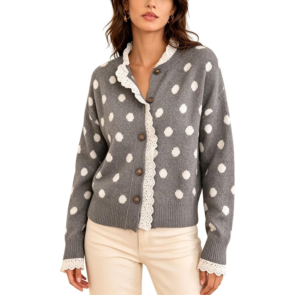 image:imageSpringrain Polka Dot Cardigan for Women Button Down Lace Trim Knit SweaterGrey
