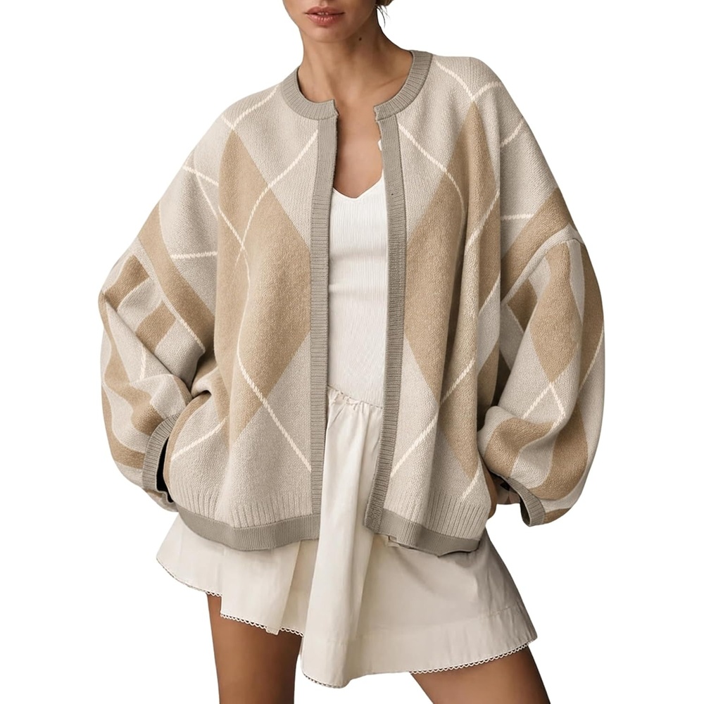 image:imageSpringrain Womens Argyle Knit Cardigan Oversized Open Front SweaterBeige