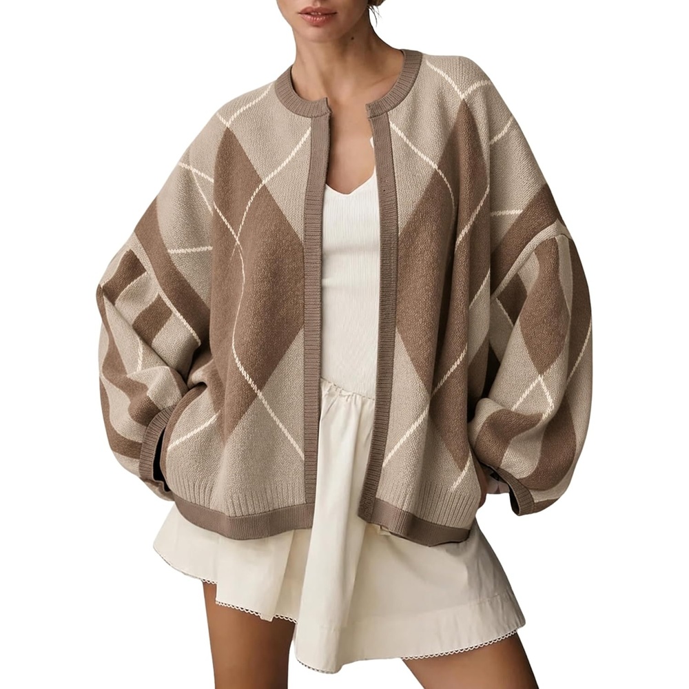 image:imageSpringrain Womens Argyle Knit Cardigan Oversized Open Front SweaterKhaki