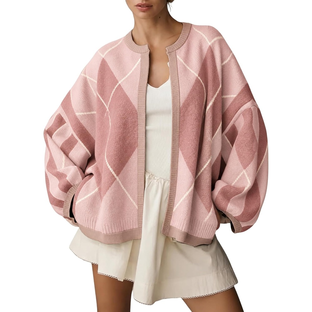 image:imageSpringrain Womens Argyle Knit Cardigan Oversized Open Front SweaterPink