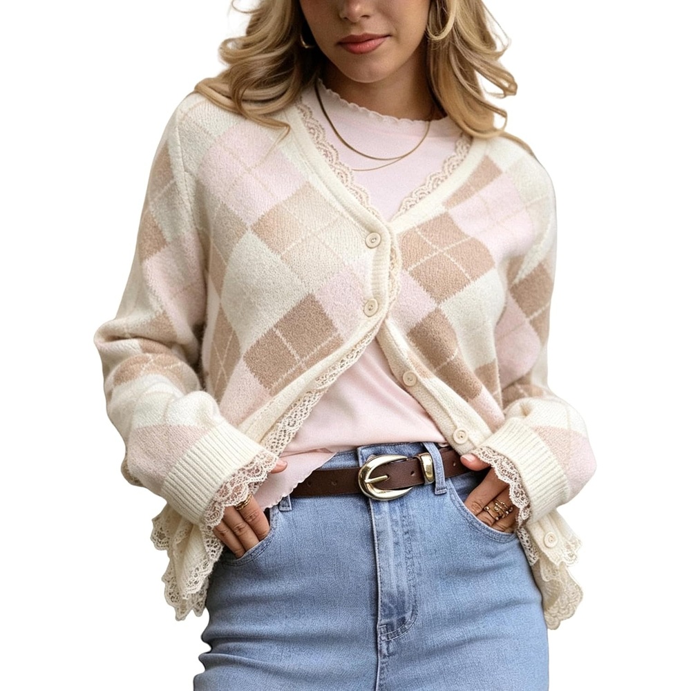 image:imageSpringrain Womens Argyle Knit Cardigan V Neck Lace Trim Button SweaterBeige