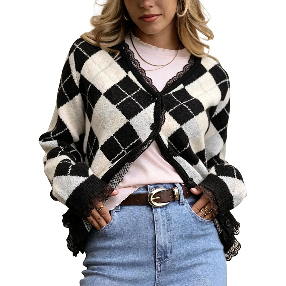 image:imageSpringrain Womens Argyle Knit Cardigan V Neck Lace Trim Button SweaterBlack