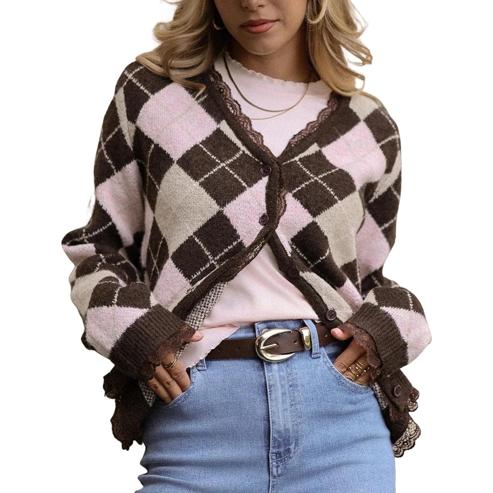 image:imageSpringrain Womens Argyle Knit Cardigan V Neck Lace Trim Button SweaterCoffee