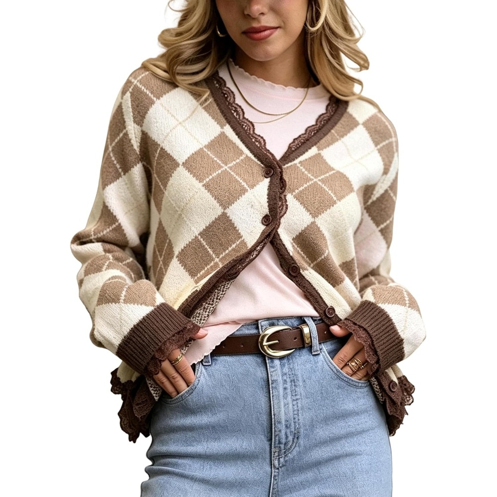 image:imageSpringrain Womens Argyle Knit Cardigan V Neck Lace Trim Button SweaterKhaki
