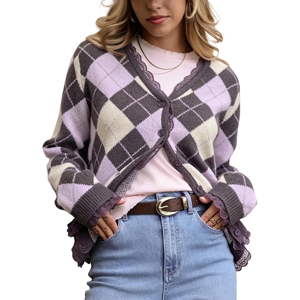 image:imageSpringrain Womens Argyle Knit Cardigan V Neck Lace Trim Button SweaterPurple