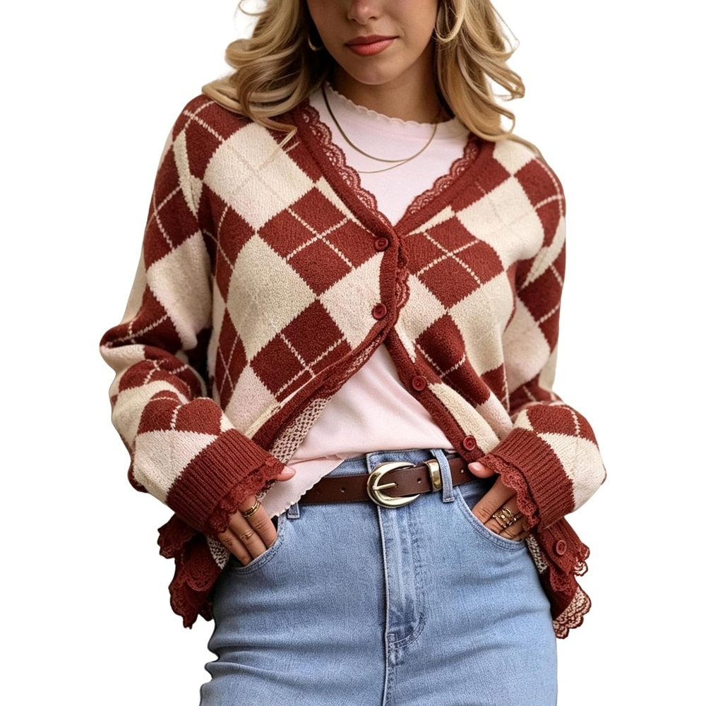 image:imageSpringrain Womens Argyle Knit Cardigan V Neck Lace Trim Button SweaterRust