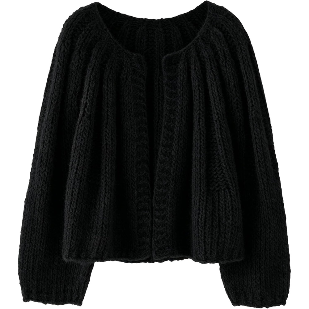 image:imageSpringrain Womens Chunky Knit Cropped Cardigan Casual Open Front SweaterBlack