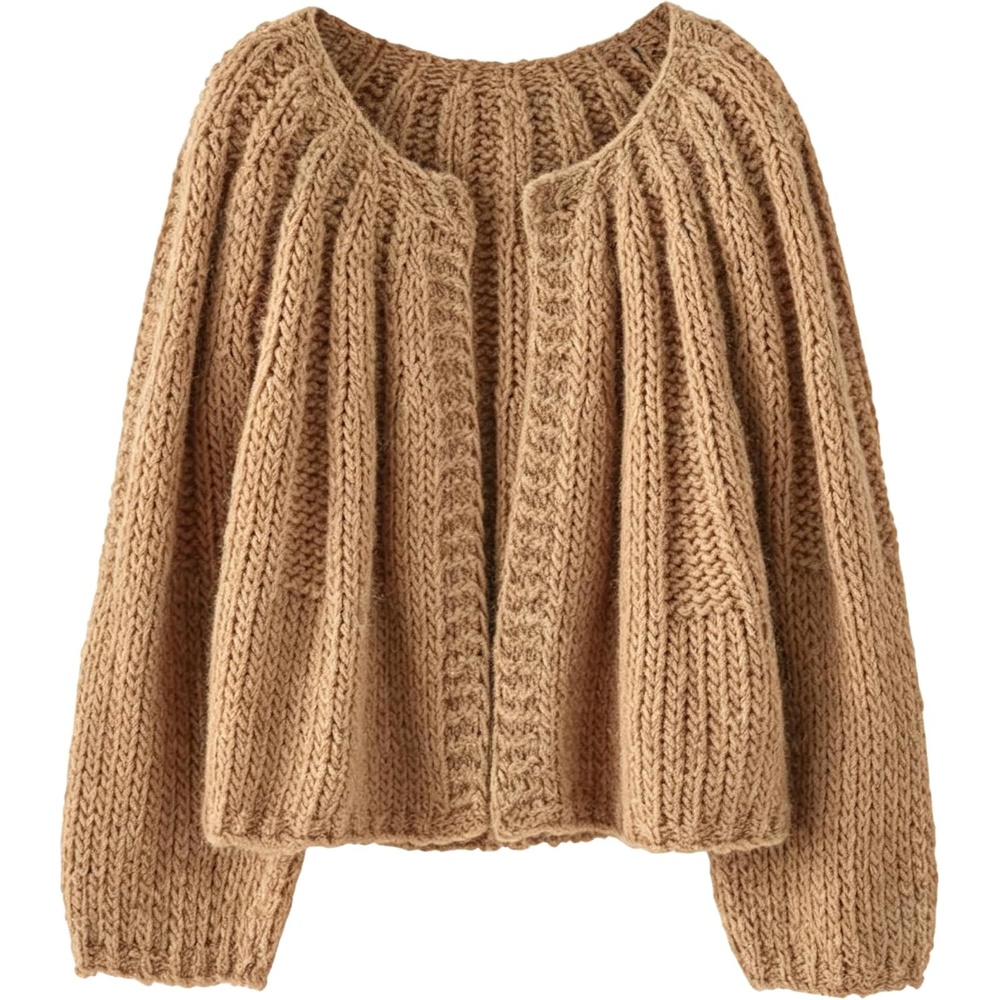 image:imageSpringrain Womens Chunky Knit Cropped Cardigan Casual Open Front SweaterKhaki