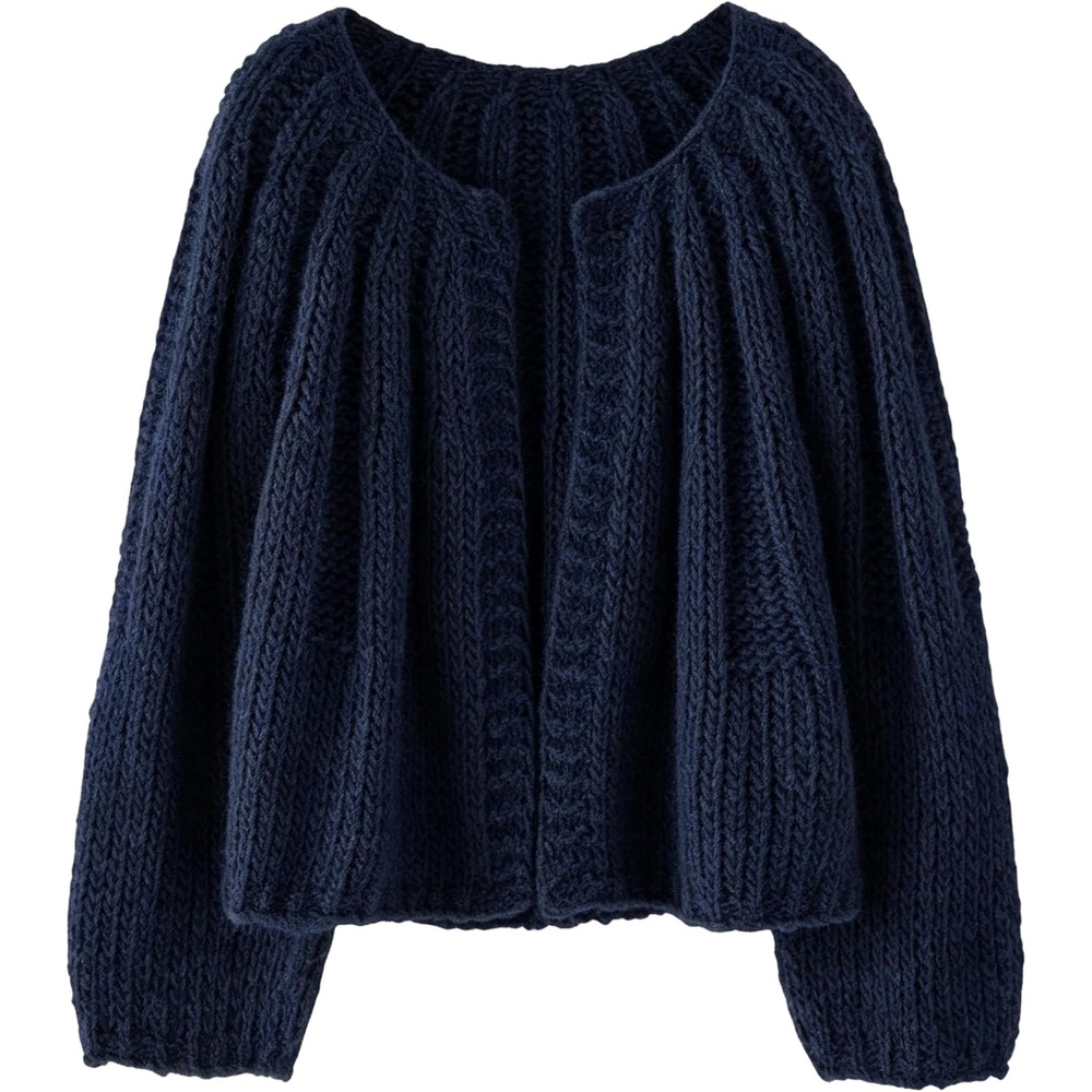 image:imageSpringrain Womens Chunky Knit Cropped Cardigan Casual Open Front SweaterNavy