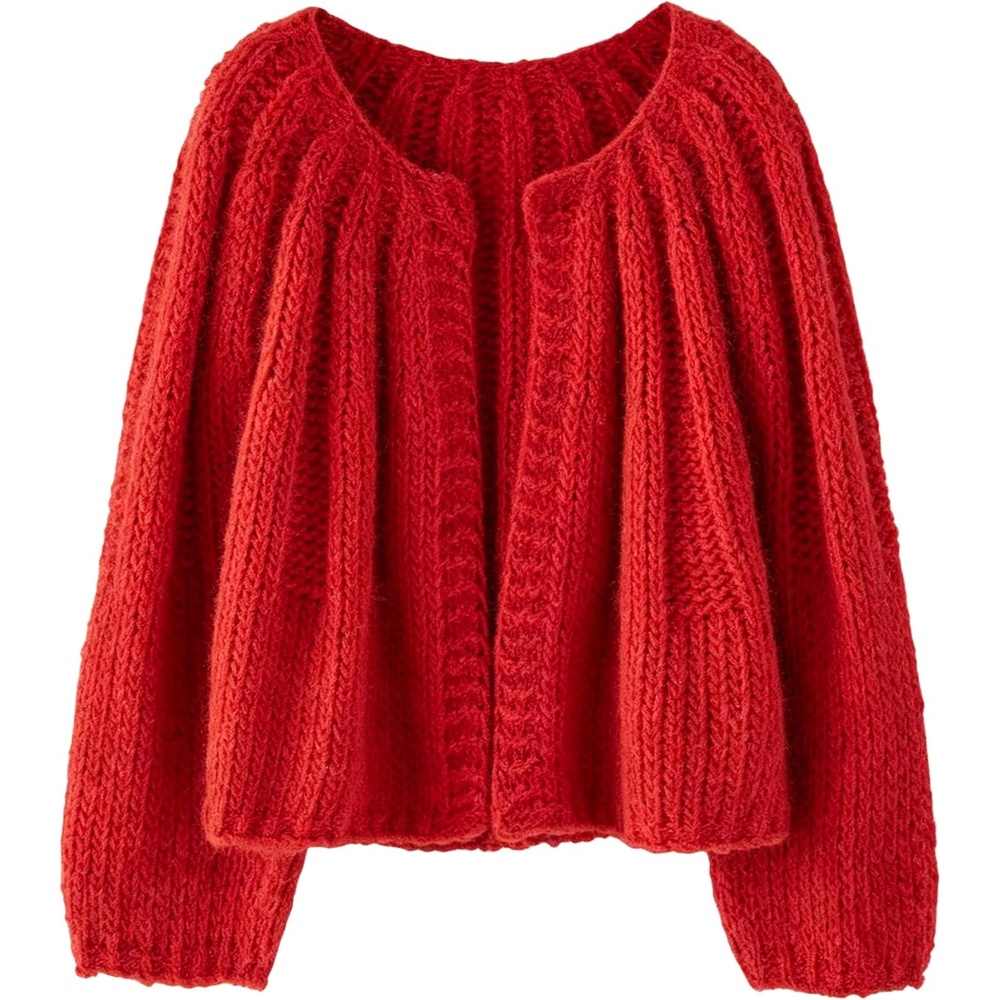 image:imageSpringrain Womens Chunky Knit Cropped Cardigan Casual Open Front SweaterRed