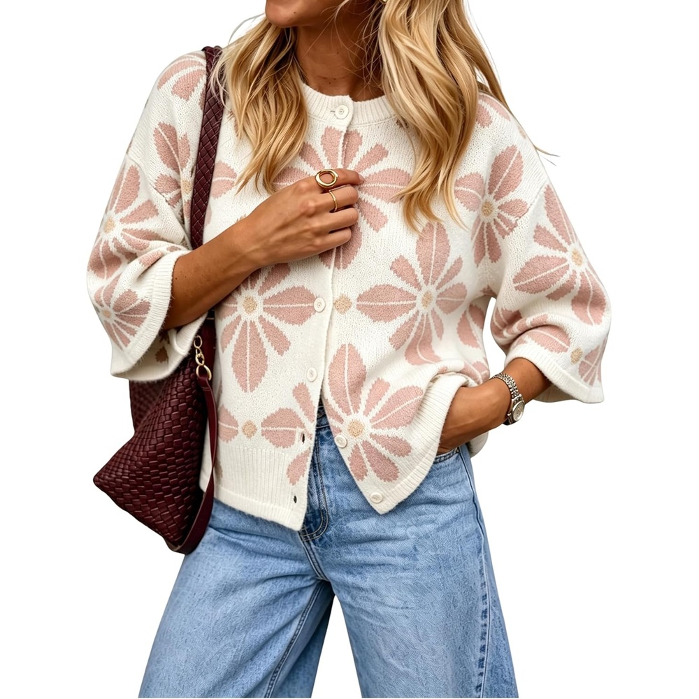 image:imageSpringrain Womens Floral Knit Cardigans 34 Sleeve Button Down SweaterPink