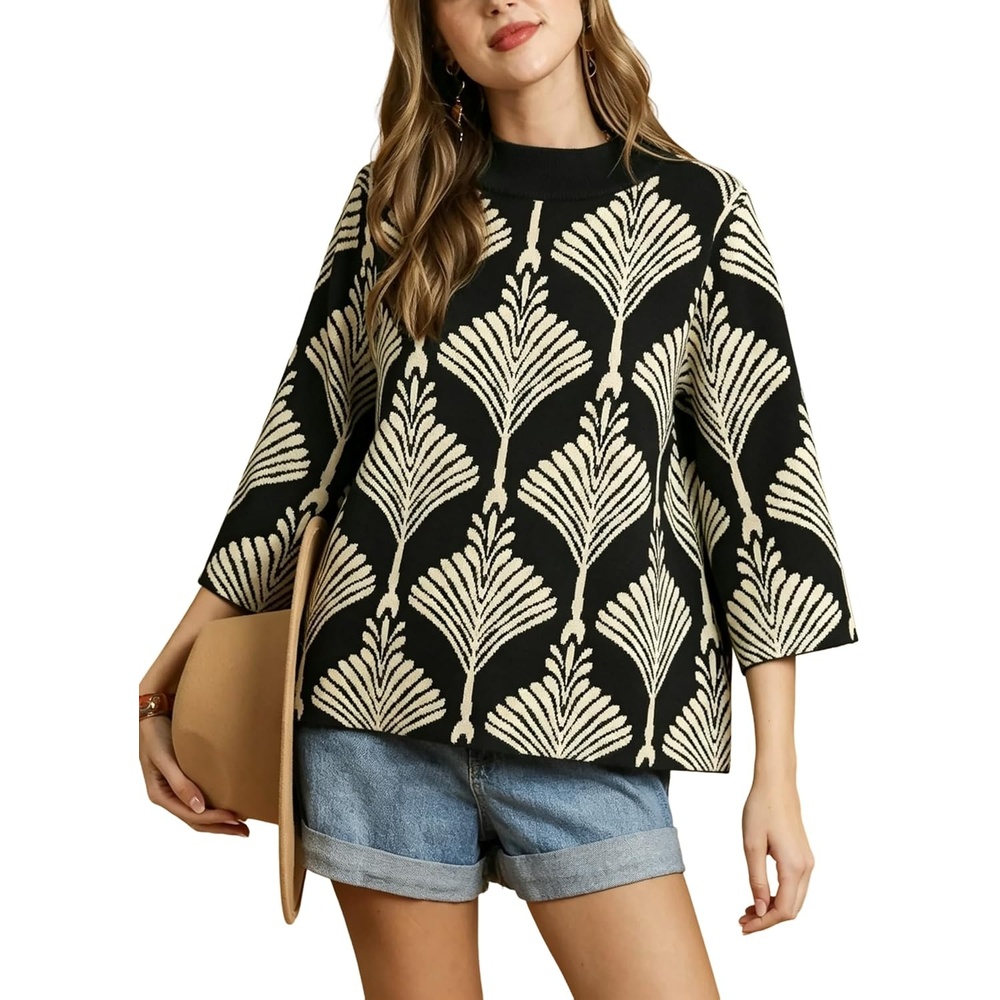 image:imageSpringrain Womens Floral Sweater 34 Sleeve Mock Neck Knit PulloverBlack