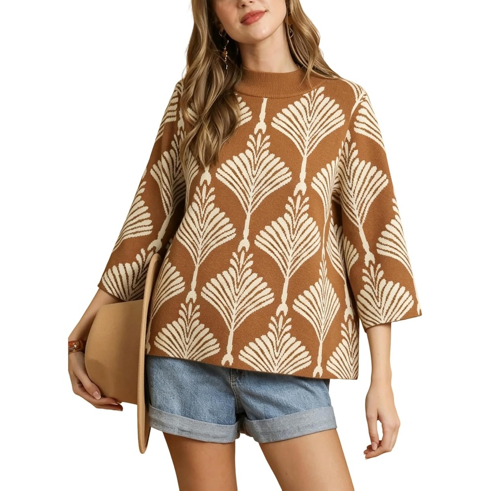 image:imageSpringrain Womens Floral Sweater 34 Sleeve Mock Neck Knit PulloverCaramel
