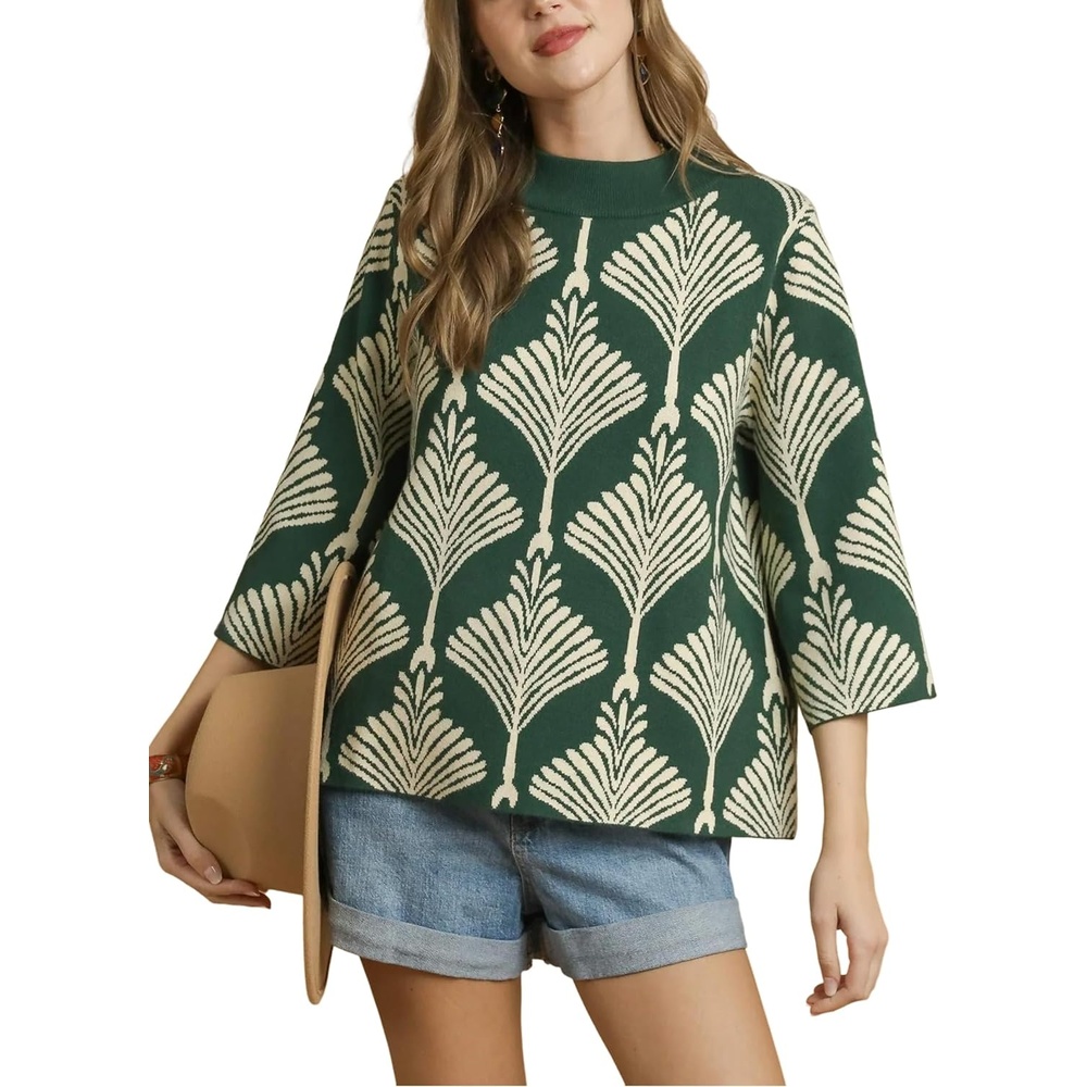 image:imageSpringrain Womens Floral Sweater 34 Sleeve Mock Neck Knit PulloverDarkgreen