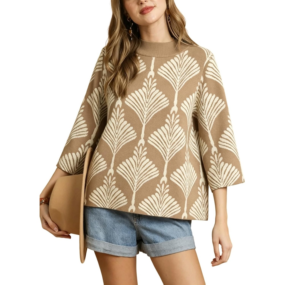 image:imageSpringrain Womens Floral Sweater 34 Sleeve Mock Neck Knit PulloverKhaki