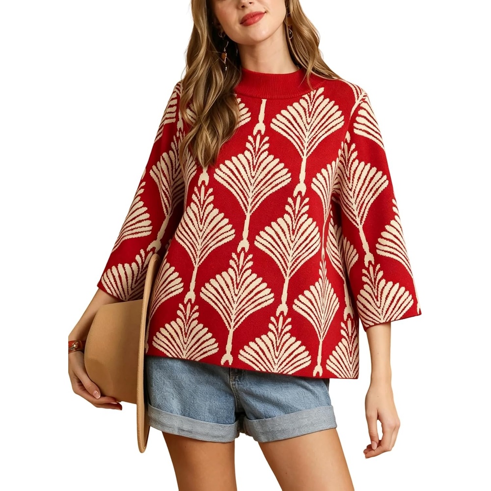 image:imageSpringrain Womens Floral Sweater 34 Sleeve Mock Neck Knit PulloverRed