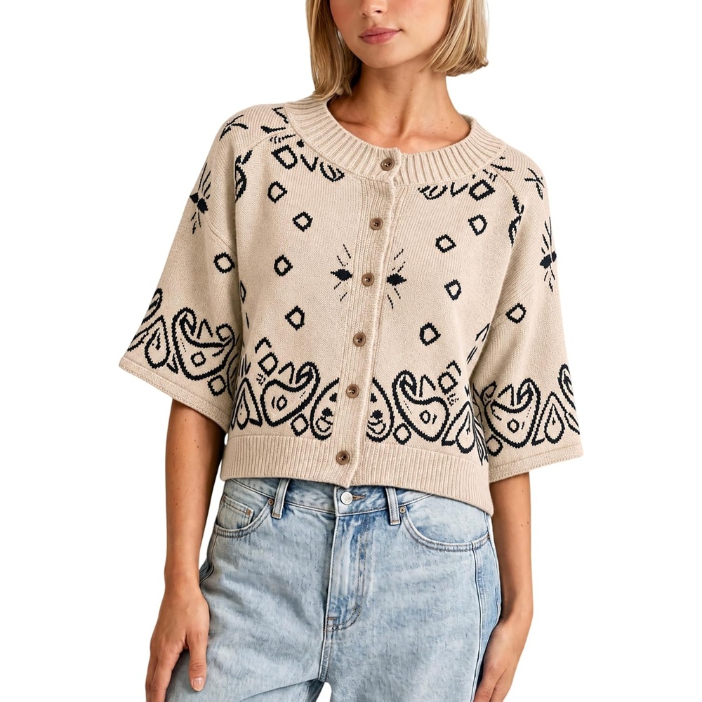 image:imageSpringrain Womens Jacquard Crewneck Knit Cardigan 34 Sleeve Fall SweaterBeige