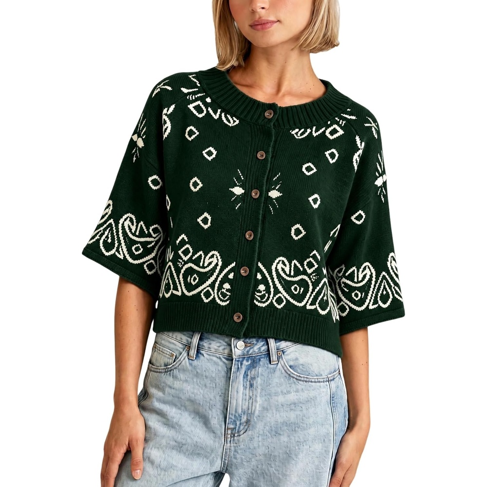 image:imageSpringrain Womens Jacquard Crewneck Knit Cardigan 34 Sleeve Fall SweaterGreen