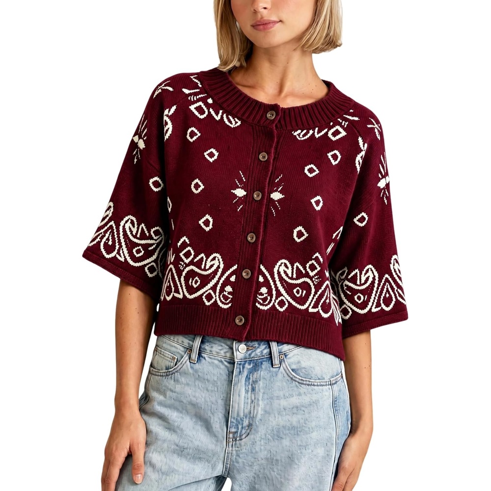 image:imageSpringrain Womens Jacquard Crewneck Knit Cardigan 34 Sleeve Fall SweaterWine
