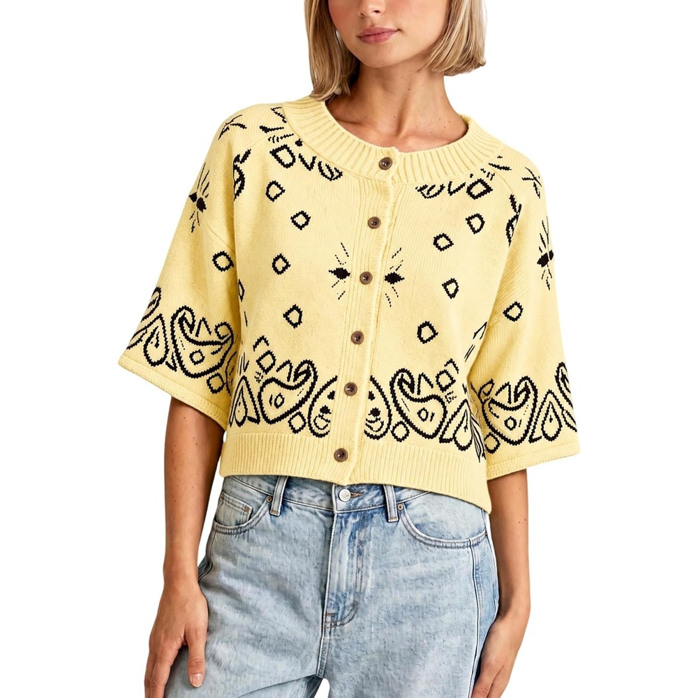 image:imageSpringrain Womens Jacquard Crewneck Knit Cardigan 34 Sleeve Fall SweaterYellow