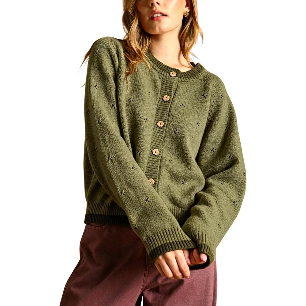 image:imageSpringrain Womens Knit Cardigan Casual Button Front Contrast Trim SweaterArmygreen
