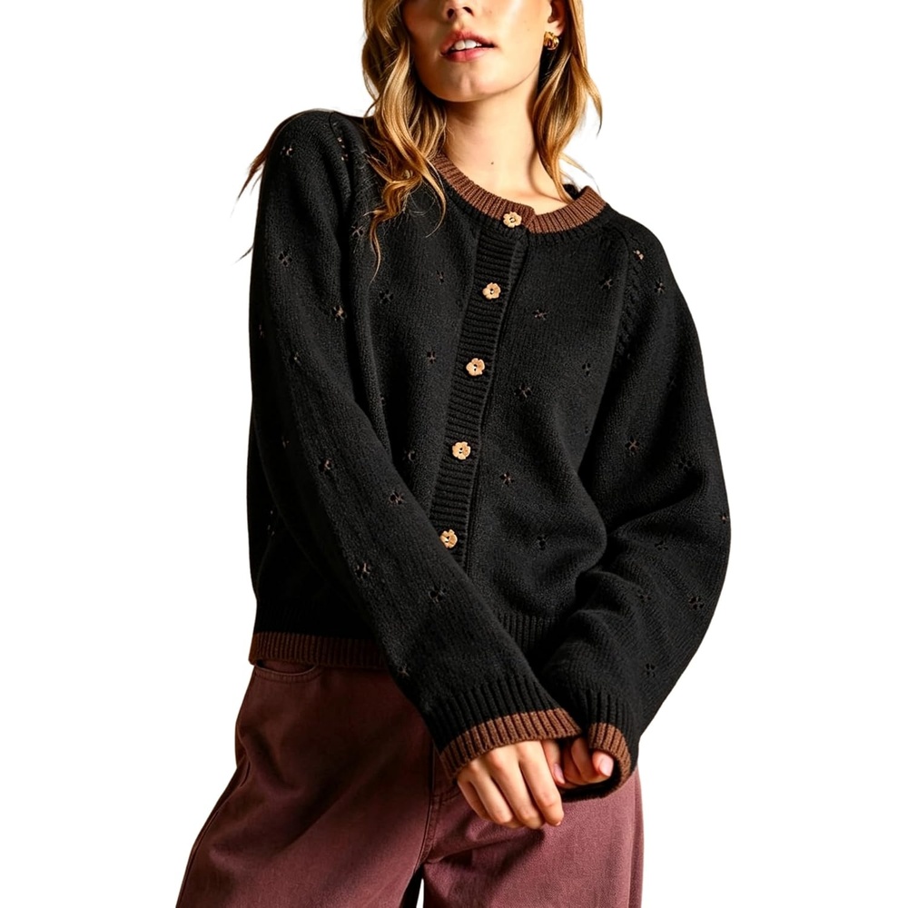 image:imageSpringrain Womens Knit Cardigan Casual Button Front Contrast Trim SweaterBlack