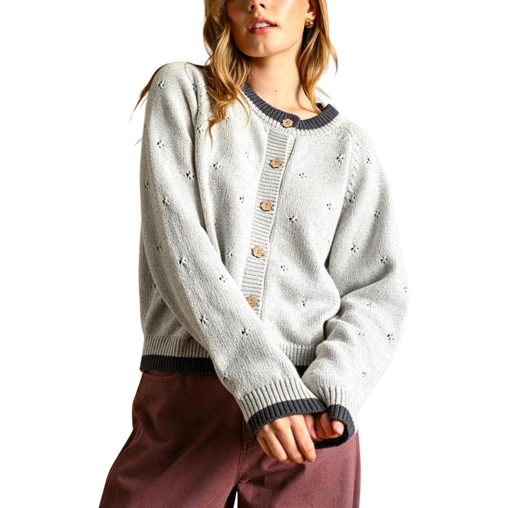 image:imageSpringrain Womens Knit Cardigan Casual Button Front Contrast Trim SweaterLightgrey