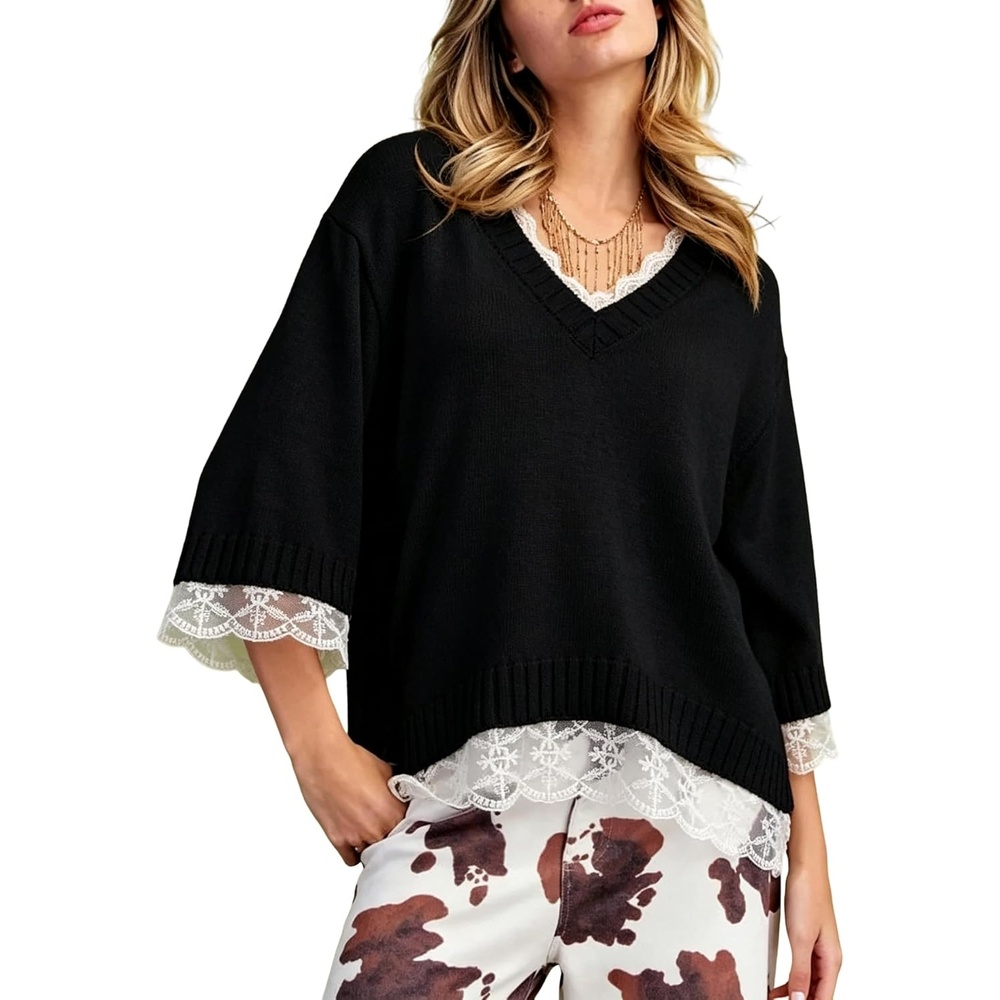 image:imageSpringrain Womens Lace Trim Sweater V Neck 34 Sleeve Knit PulloverBlack