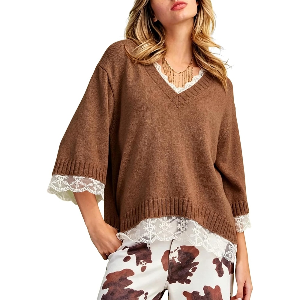 image:imageSpringrain Womens Lace Trim Sweater V Neck 34 Sleeve Knit PulloverBrown