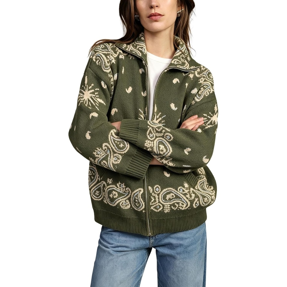 image:imageSpringrain Womens Paisley Knit Cardigan Collared Zip Up Sweater JacketArmygreen