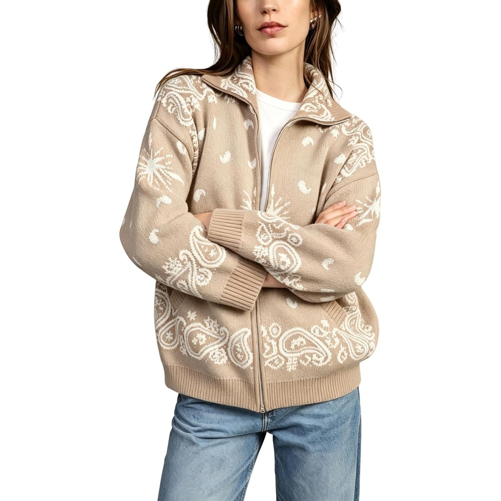 image:imageSpringrain Womens Paisley Knit Cardigan Collared Zip Up Sweater JacketKhaki