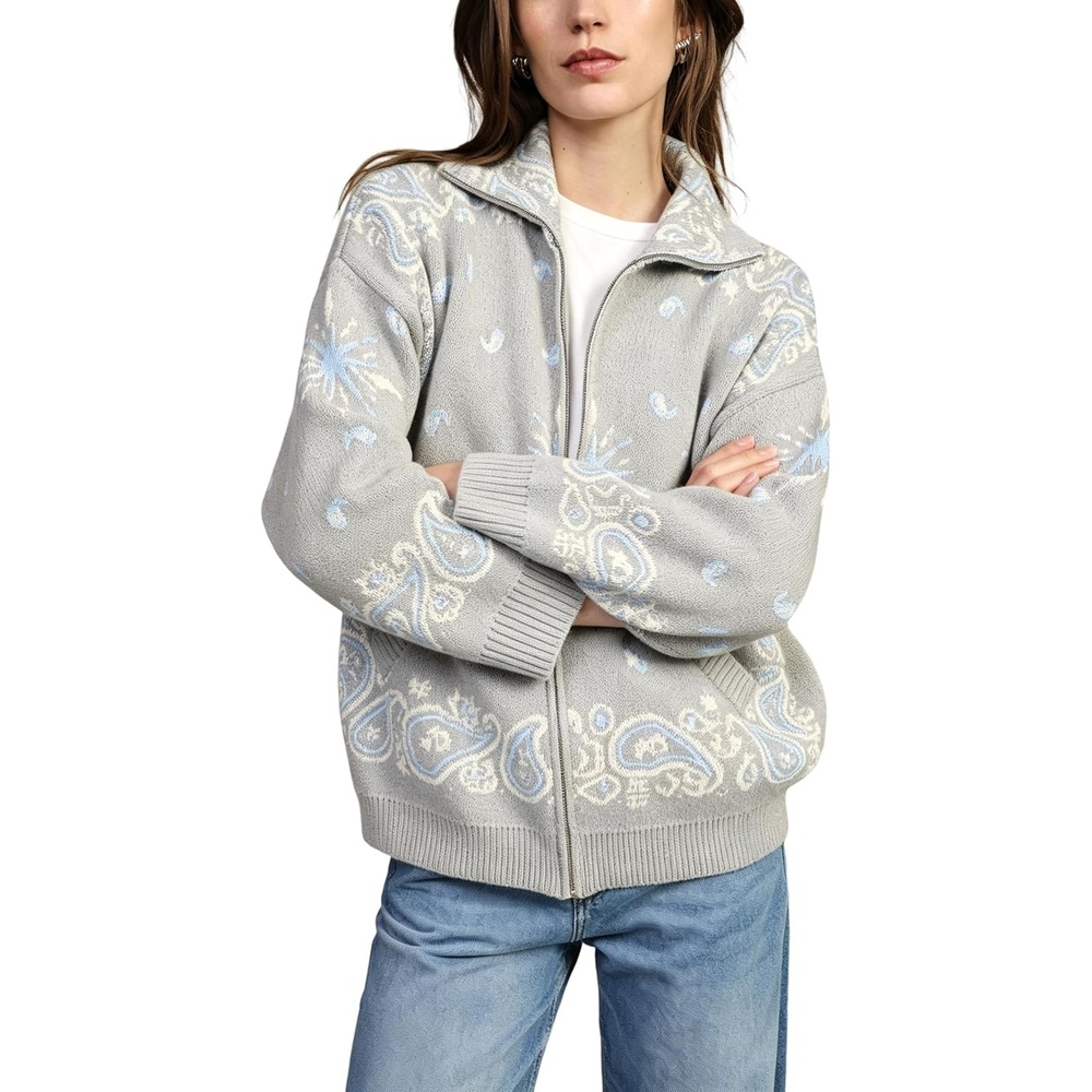 image:imageSpringrain Womens Paisley Knit Cardigan Collared Zip Up Sweater JacketLightgrey