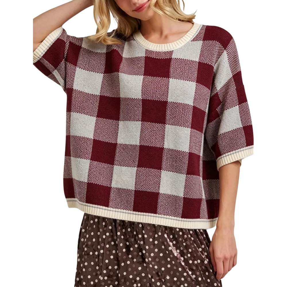 image:imageSpringrain Womens Plaid 34 Sleeve Knit Round Neck SweaterBurgundy