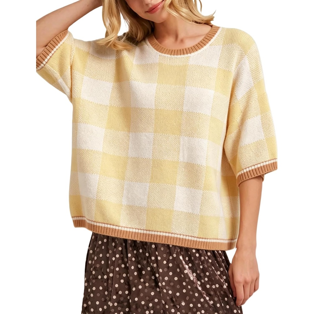image:imageSpringrain Womens Plaid 34 Sleeve Knit Round Neck SweaterYellow