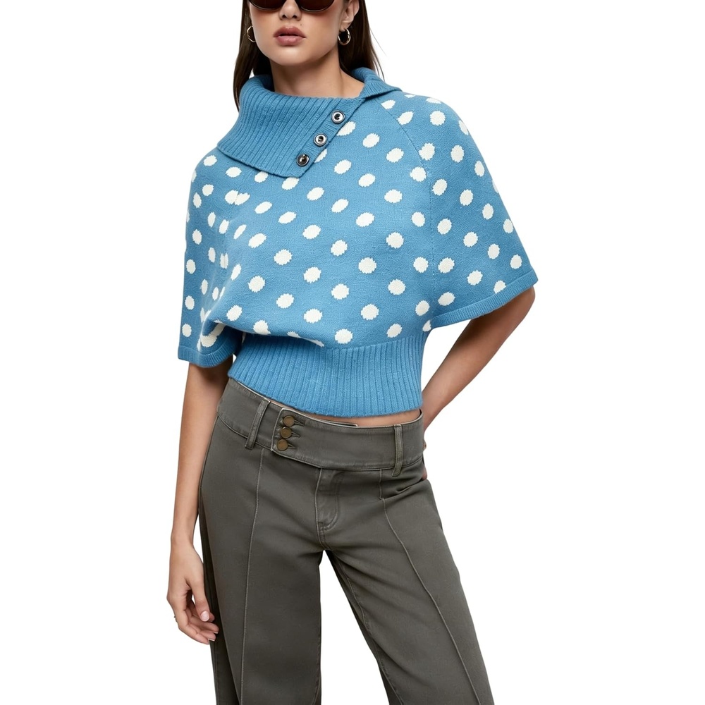 image:imageSpringrain Womens Polka Dot Cropped Knit Sweater Shawl Collar TopBlue