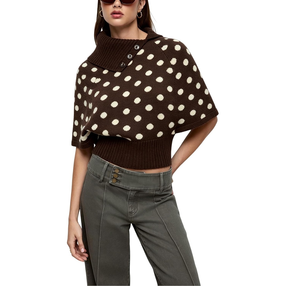 image:imageSpringrain Womens Polka Dot Cropped Knit Sweater Shawl Collar TopBrown