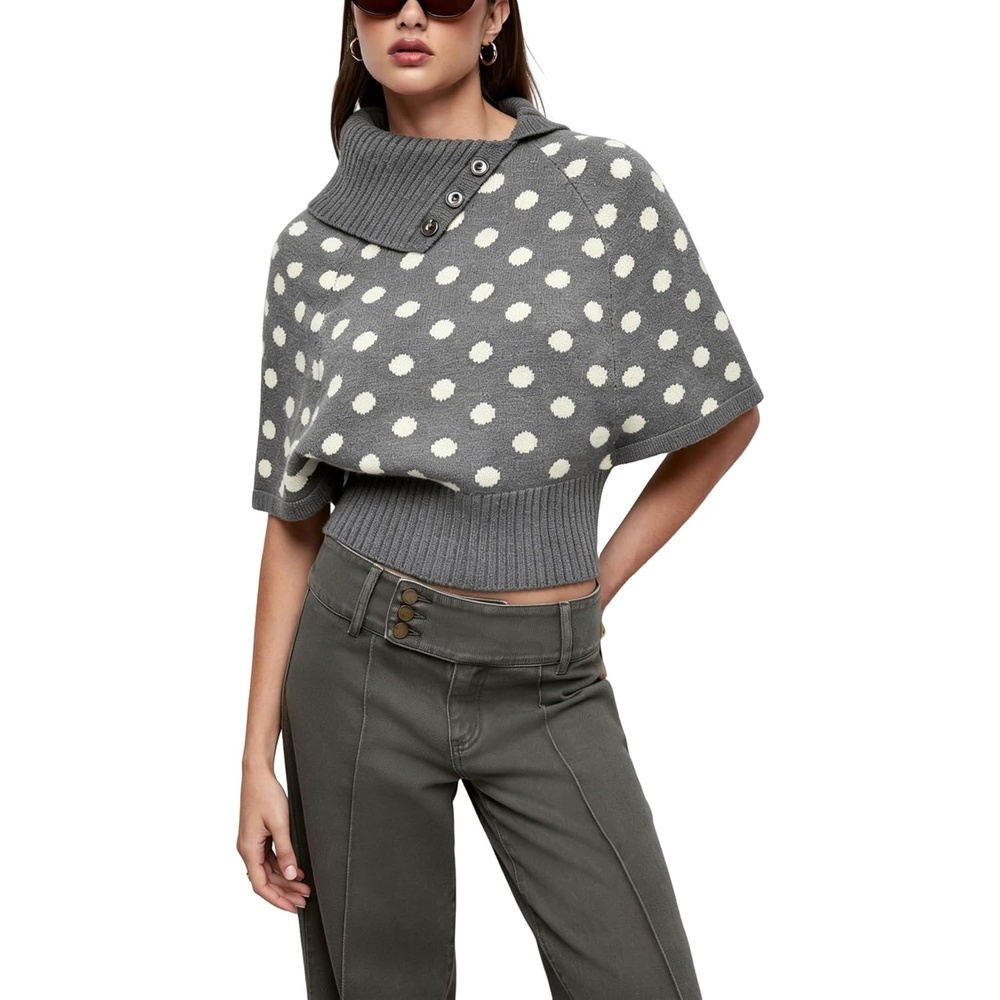 image:imageSpringrain Womens Polka Dot Cropped Knit Sweater Shawl Collar TopGrey