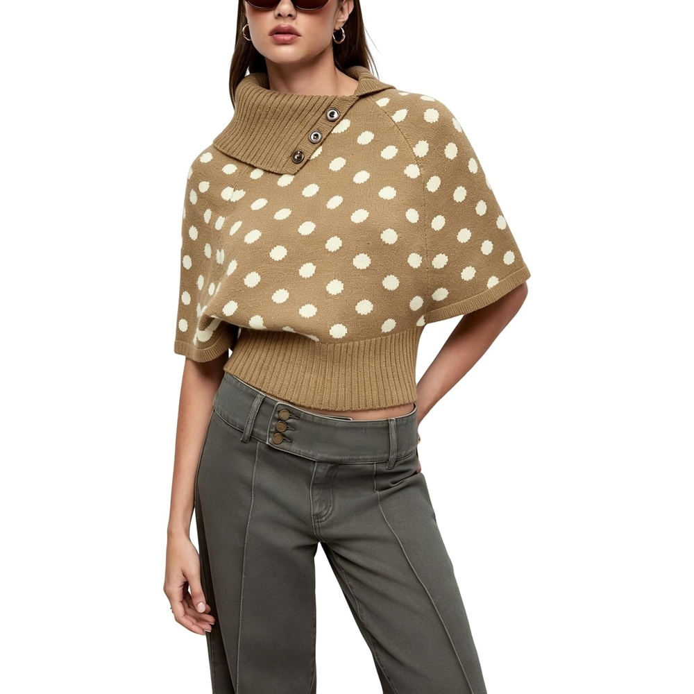 image:imageSpringrain Womens Polka Dot Cropped Knit Sweater Shawl Collar TopKhaki