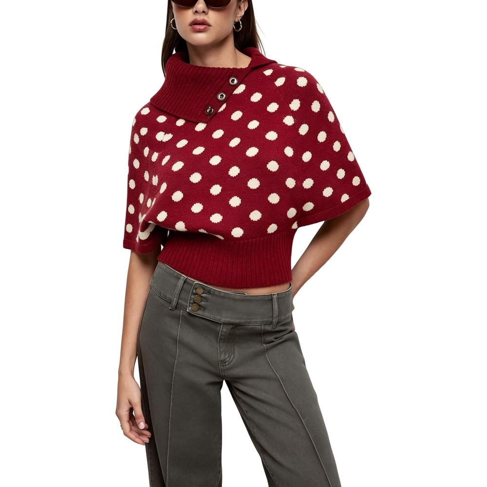image:imageSpringrain Womens Polka Dot Cropped Knit Sweater Shawl Collar TopRed