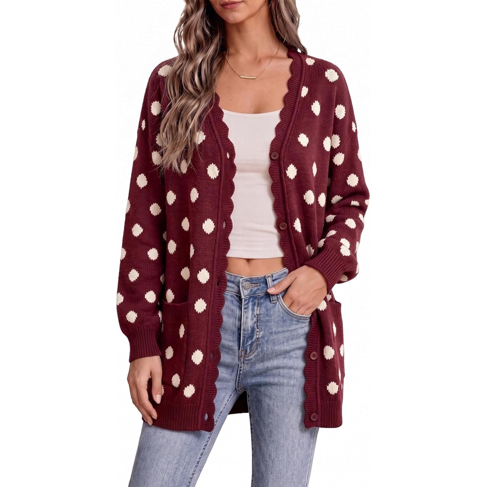 image:imageSpringrain Womens Polka Dot Knit Cardigan Button Long Sleeve SweaterBurgundy